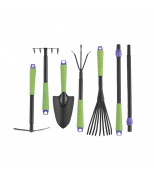 PALISAD 63020 Набор садового инструмента: совок, грабли веерные, рыхлитель, грабли 5-зубые, мотыжка, комплект удленных ручек. PALISAD